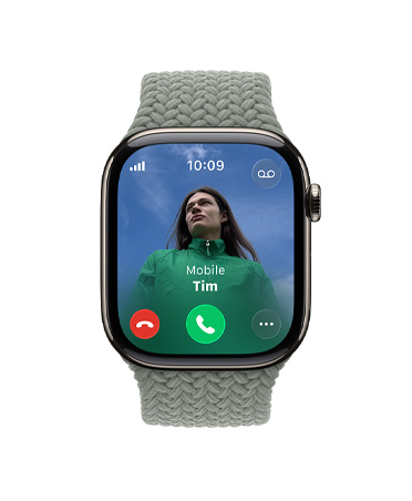 Apple Watch Series 11, natural colour, titanium case, incoming call, contact photo, accept and decline call buttons, right side exterior, Digital Crown, band, green grey Braided Solo Loop
