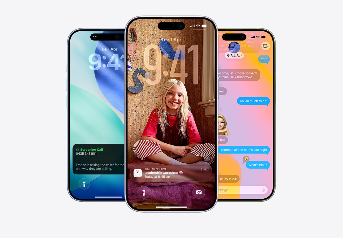 iPhone screen showing call screening pop-up, iPhone screen showing Mail and Messages app pop-ups with Liquid Glass design, iPhone screen showing Messages thread with Liquid Glass background