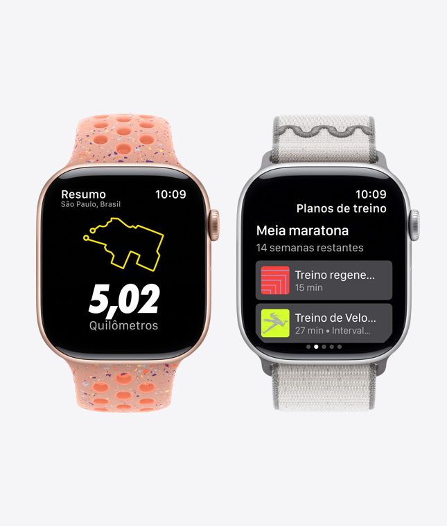 Dois relógios Apple Watch mostrando o recurso Planos de Treino do app Nike Run Club.