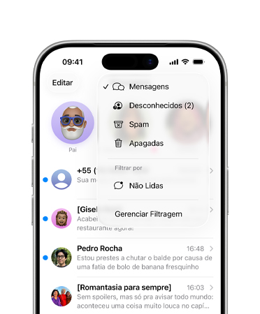 iPhone, dois terços superiores da tela mostram o app Mensagens com as novas ferramentas de filtragem que separam os números desconhecidos em uma seção chamada Remetentes Desconhecidos