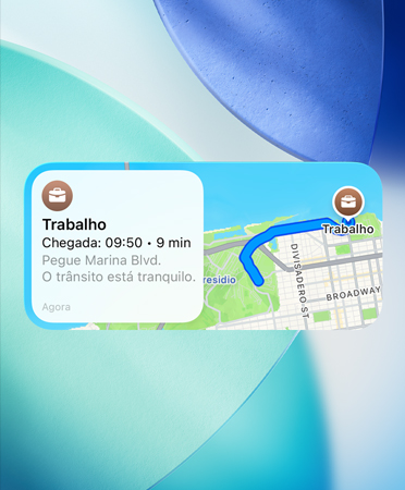 Widget do Mapas mostrando o novo planejador de rotas preferidas, com detalhes de tráfego, horário de chegada e duração do percurso.