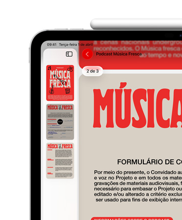 iPad na horizontal, Apple Pencil magneticamente fixado à parte superior, canto superior esquerdo da tela mostrando um PDF no app Pré-Visualização