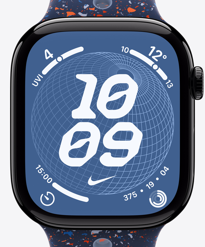 Nike Globe watch face showing time along with complications including Activity rings, UVI, temperature and stop watch