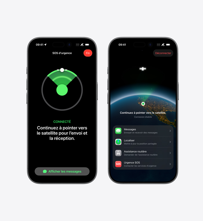 Un iPhone affichant une interaction à l’écran de la fonctionnalité Urgence SOS par satellite. À côté, un autre iPhone affiche une interaction à l’écran de la fonctionnalité Détection d’accident.