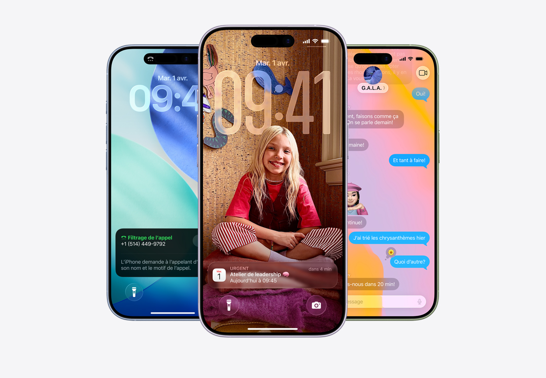 Écran d’iPhone montrant une notification de la fonctionnalité Filtrage d’appels, écran d’iPhone montrant des notifications des apps Mail et Messages en Liquid Glass, écran d’iPhone montrant un fil de discussion dans Messages avec un arrière-plan en Liquid Glass