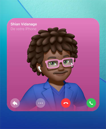 Affiche de contact dans FaceTime, Genmoji au centre, nom de la personne en haut à gauche, icônes pour envoyer un message, pour afficher plus d’options, pour raccrocher et pour répondre en bas de l’image