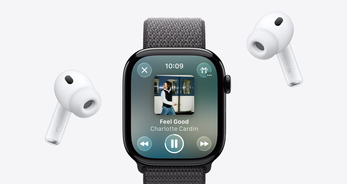 AirPods Pro 3, blancs, embouts en silicone, Apple Watch Series 11, boîtier en aluminium, noir de jais poli, lecture de musique avec Apple Music