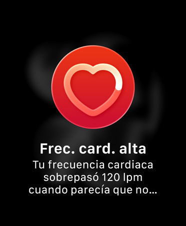 Notificación de frecuencia cardiaca, círculo rojo, ícono de corazón en el centro