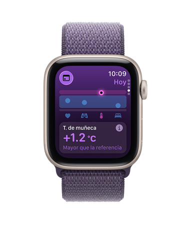 Apple Watch SE 3, caja de aluminio, blanco estelar, app Signos Vitales, gráfica con puntajes de salud, notificación de valores anómalos de signos vitales nocturnos, parte lateral derecha, Digital Crown, correa loop deportiva, morado niebla