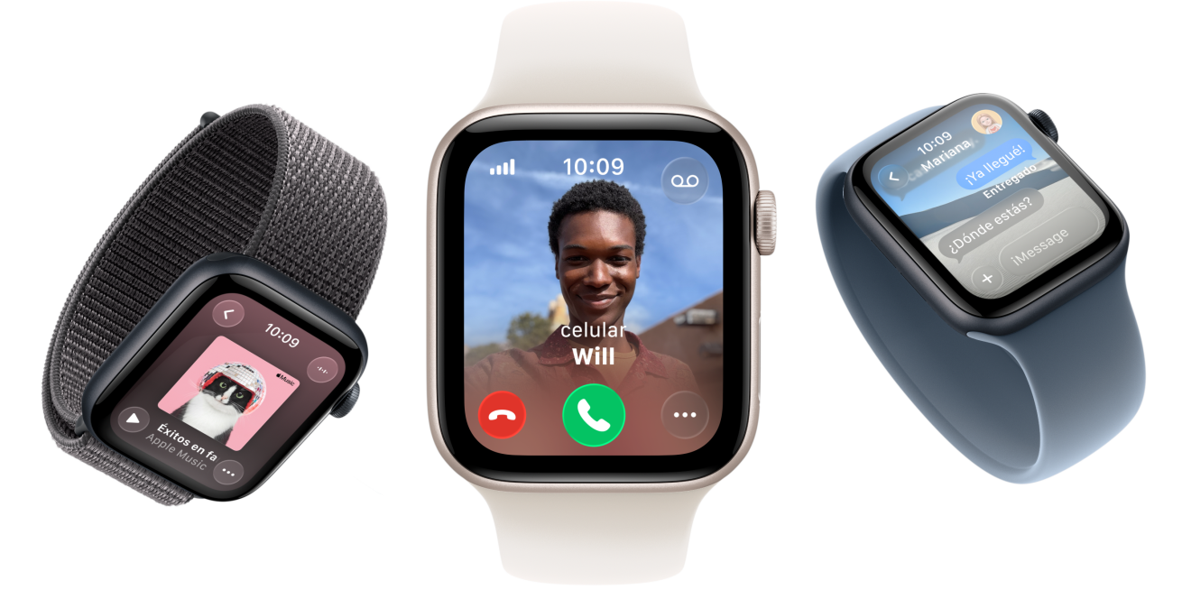 Dispositivos Apple Watch SE 3, caja de aluminio, blanco estelar y color medianoche, correa uniloop trenzada, color cúrcuma, correa uniloop, amarillo neón, correa loop deportiva, gris oscuro, pantallas: Apple Pay, Centro de Control, Apple Music
