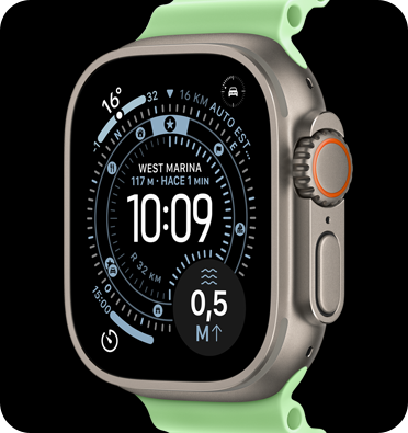 Apple Watch Ultra 3, color natural, caja de titanio, carátula Orientación, complicaciones: Clima, Ubicación del Auto Estacionado, parte lateral derecha, Digital Crown, micrófono, botón lateral, correa Ocean, color verde neón