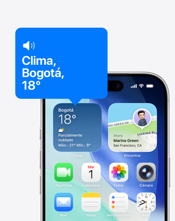 Pantalla de inicio de un iPhone, VoiceOver lee en voz alta el contenido del widget de la app Clima