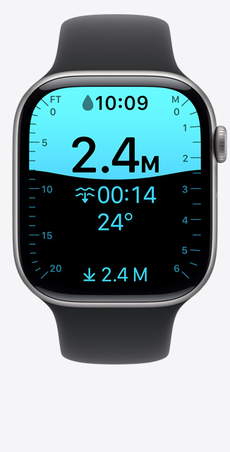 Apple Watch Series 11, hliníkové pouzdro, růžově zlatá barva, obrazovka aplikace Hloubka, ponor do hloubky dvou a půl metru
