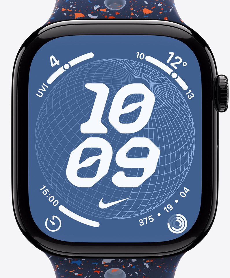 Nike Globe watch face showing time along with complications including Activity rings, UVI, temperature, and stop watch