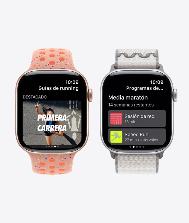 Two Apple Watch devices showing Nike Run Club features including Training Plans and Guided Runs
