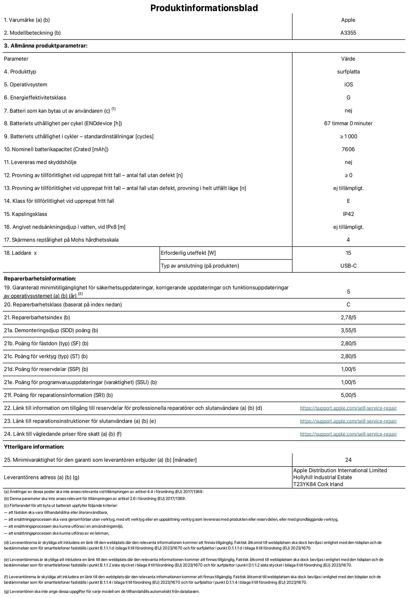 Produktinformationsblad för iPad Wi-Fi + Cellular, modell A3355. Tillhandahålls av Apple Distribution International Ltd, Hollyhill Industrial Estate. Cork, Irland T23 YK84. Enhetstyp: surfplatta. Operativsystem: iOS. Energieffektivitetsklass: G. Batteri som kan bytas ut av användaren: nej. Batteritid: 67 timmar. Batteriets livslängd i antal cykler: ≥ 1000. Nominell batterikapacitet: 7606 mAh. Tillförlitlighetstest vid upprepat fritt fall – antal fall utan defekter: ≥ 0. Tillförlitlighet vid upprepat fritt fall: klass E. IP-klass: IP42. Skärmens reptålighet enligt Mohs hårdhetsskala: 4. Laddare – uteffekt som krävs: 15 W. Typ av uttag på laddaren: usb-c. Garanterad minimiperiod för tillgång till säkerhetsuppdateringar, korrigerande uppdateringar och funktionsuppdateringar av operativsystemet: 5 år. Reparerbarhetsklass: C. Reparerbarhetsindex: 2,78/5. Poäng för demonteringsdjup: 3,55/5. Poäng för fästen: 2,80/5. Poäng för verktyg: 2,80/5. Poäng för reservdelar: 1,00/5. Poäng för mjukvaruuppdateringar: 1,00/5. Poäng för reparationsinformation: 5,00/5. Länk till information om tillgängliga reservdelar för professionella reparatörer och slutanvändare: https://support.apple.com/self-service-repair. Länk till reparationsanvisningar för slutanvändare: https://support.apple.com/self-service-repair. Länk till vägledande priser före skatt: https://support.apple.com/self-service-repair. Produkten omfattas av 24 månaders garanti.