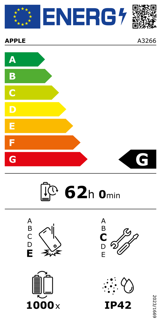 Étiquette énergétique de l’UE, code QR et informations, modèle Apple A3266, classe G, classes d’efficacité énergétique (échelle allant de A à G), A (la plus élevée) à G (la plus basse), endurance de la batterie par cycle, 62 heures et 0 minute par charge complète de la batterie, résistance aux chutes répétées de classe E, A (plus résistante) à E (moins résistante), réparabilité de classe C, A (plus réparable) à E (moins réparable), endurance de la batterie de 1 000 cycles, indice de protection IP42 pour la poussière et l’eau, règlement 2023/1669