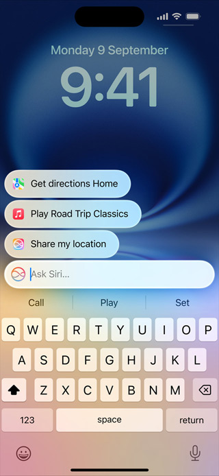 iPhone, der viser den redesignede Siri- og Skriv til Siri-funktionalitet.