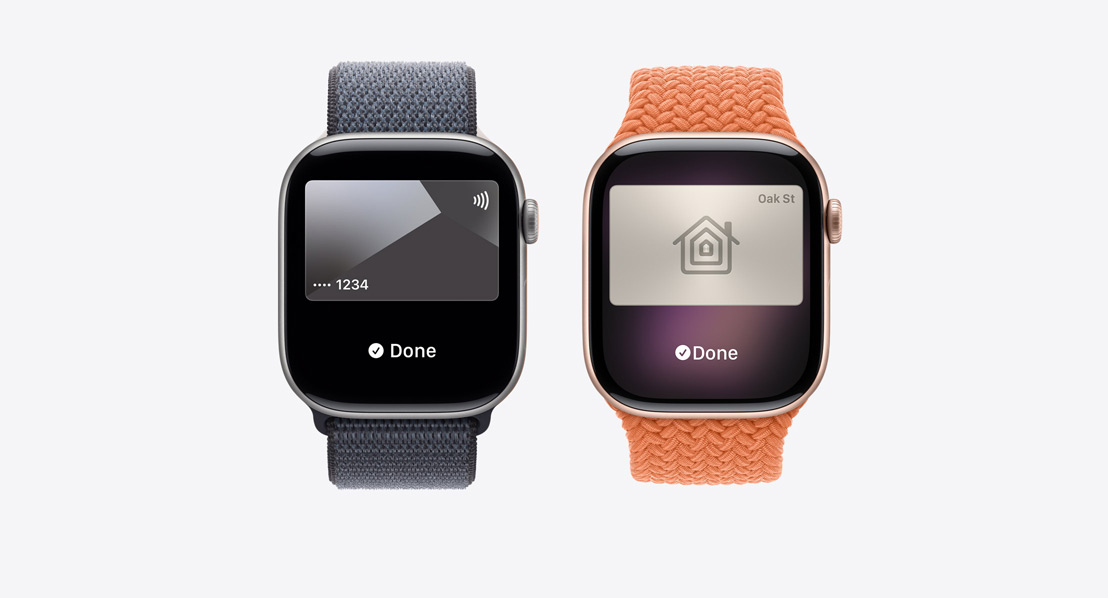Apple Watch Series 11 viser en Apple Pay-skjerm, Apple Card, reisekort og husnøkkelkort i Lommebok-appen.