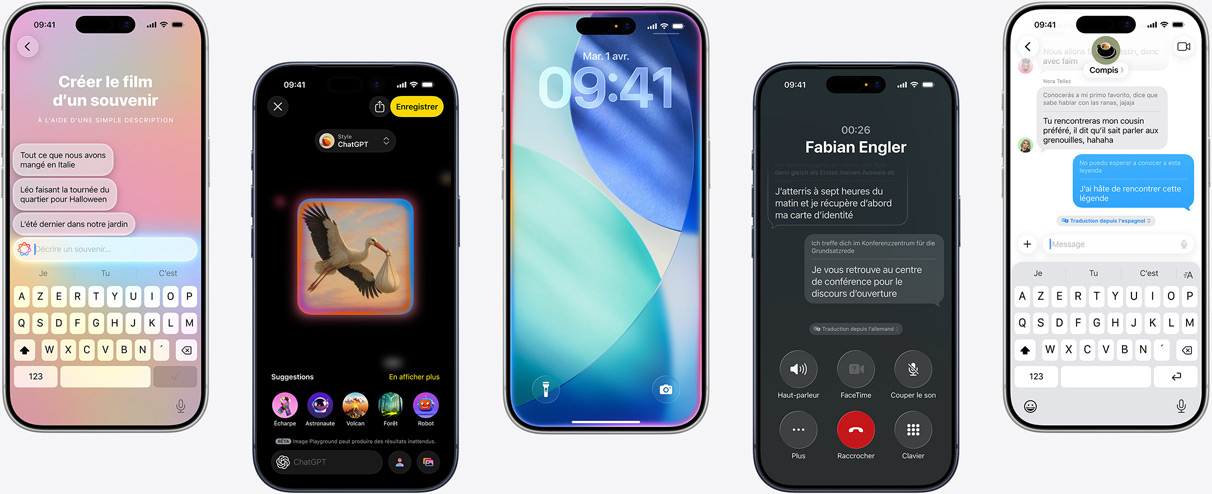 Image de plusieurs iPhone affichant des fonctionnalités d’Apple Intelligence.