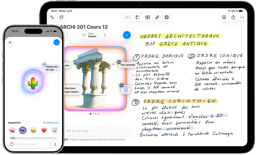  L’app Message affiche des images personnalisées et un iPad affiche la fonctionnalité Baguette graphique dans Notes.