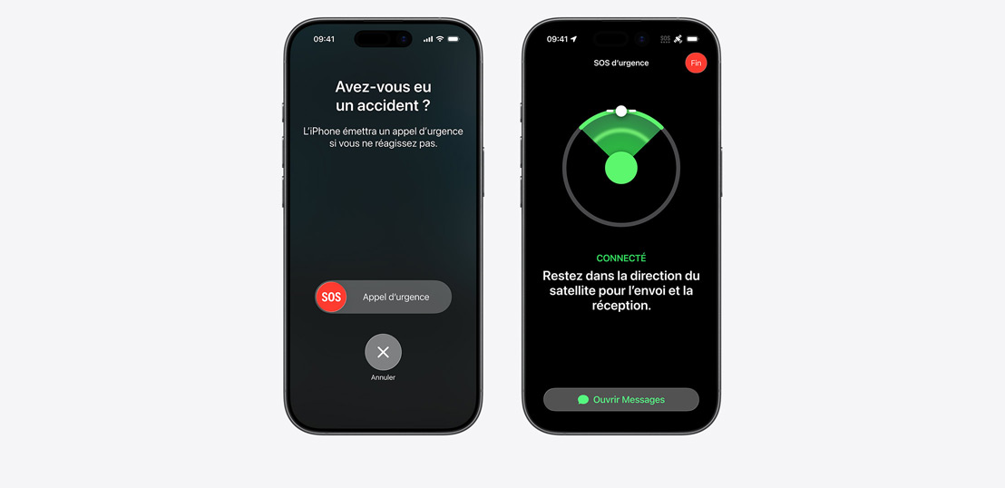 Side-by-side, iPhone screen showing Messages, Find My, Roadside Assistance widgets available via Satellite, iPhone screen showing Emergency SOS in use, iPhone screen showing Roadside Assistance in use