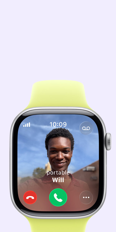 Apple Watch Series 11, boîtier en aluminium, gris sidéral, appel entrant, photo du contact, les boutons accepter et refuser l’appel, côté droit, Digital Crown, Bracelet Sport, jaune fluo
