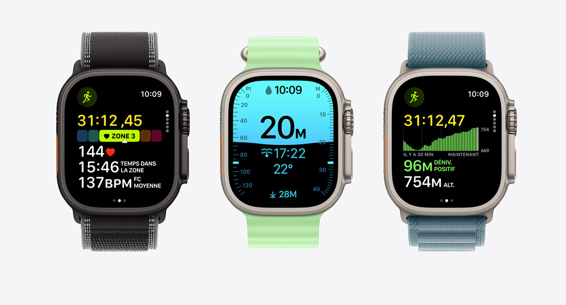 Apple Watch Ultra 3, écrans de l’app Exercice : course à pied, plongée, vélo
