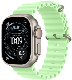 Apple Watch Ultra 3, natural color, titanium case, Orienteering watch face, complications: UV Index, Activity, Satellite, Compass, right side exterior, Digital Crown, microphone, side button, Ocean Band, neon green color