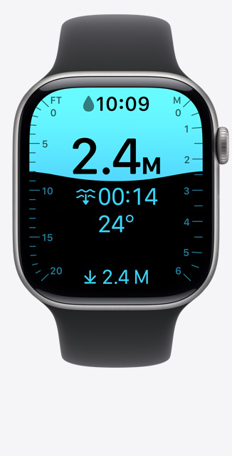 Apple Watch Series 11, aluminum case, space gray color, Depth app screen, dive at 8 feet