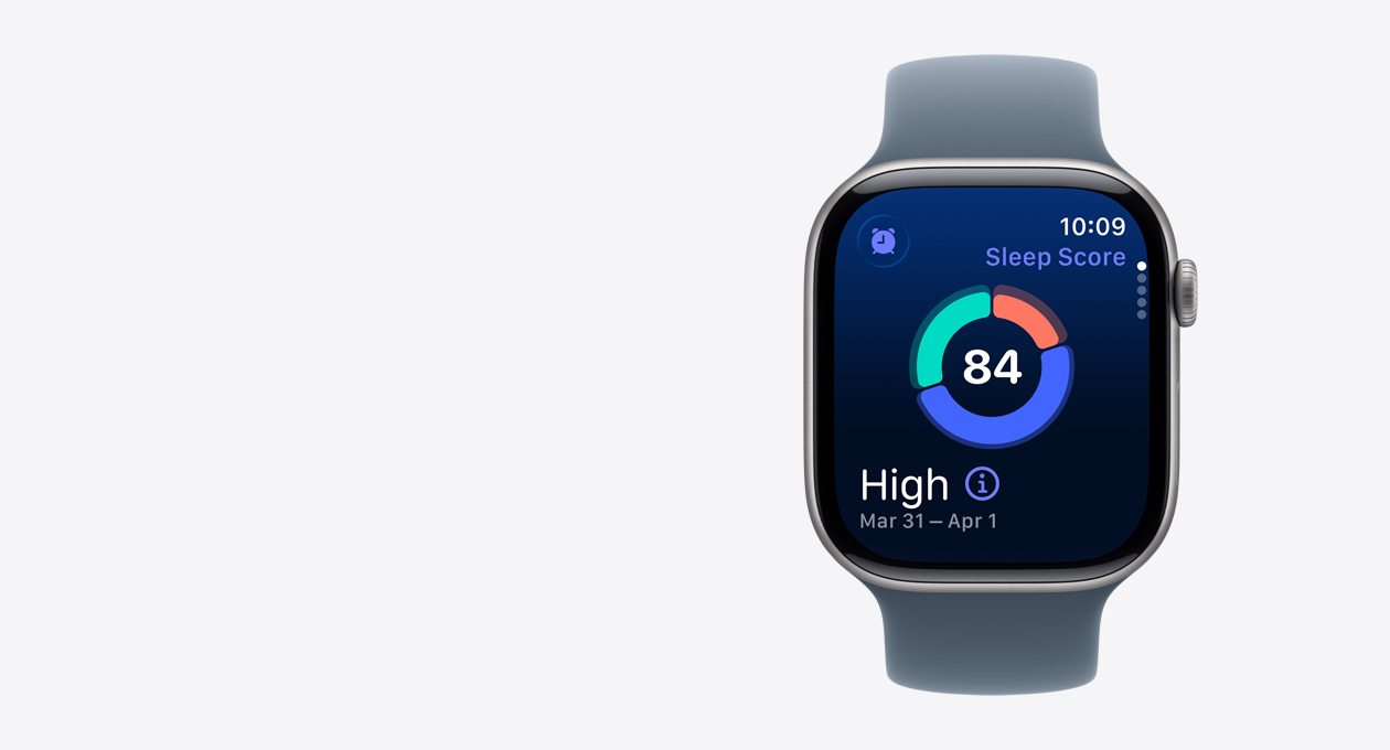 Apple Watch Series 11，太空灰鋁金屬錶殼，顯示睡眠分數畫面