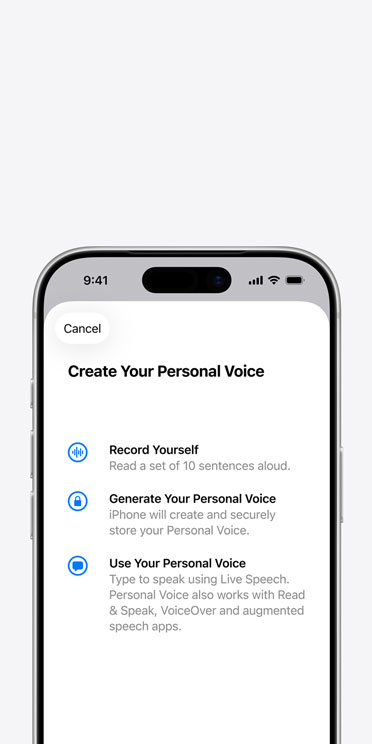 iPhone 16 Pro screen showing Personal Voice feature with instructions on how to create your Personal Voice
