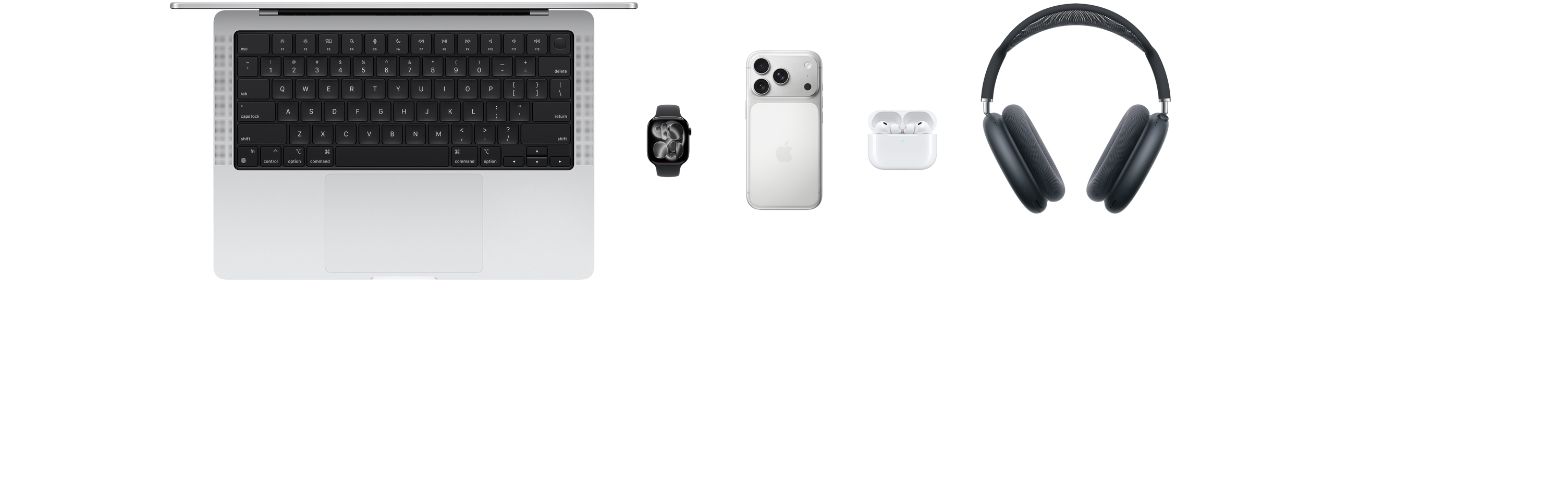 Various Apple products, including a MacBook, an Apple Watch Series 10, an iPhone 16 Pro, AirPods 4, AirPods Max, Apple Vision Pro, an Apple Pencil Pro and an iPad Pro