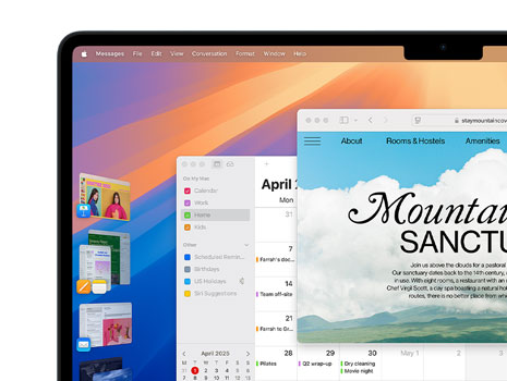 Multiple windows and apps displayed on a screen using Stage Manager, including Keynote, Pages, Mail and a website.