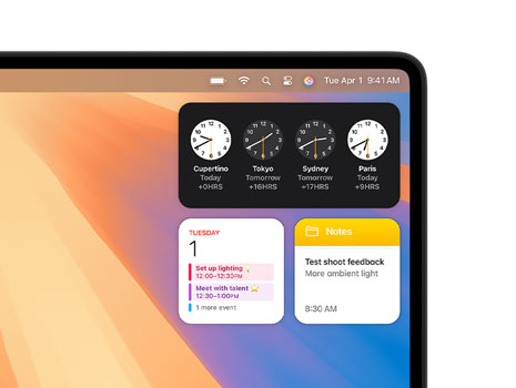 Various widgets on a Mac desktop, including Clock, Calendar and Notes.