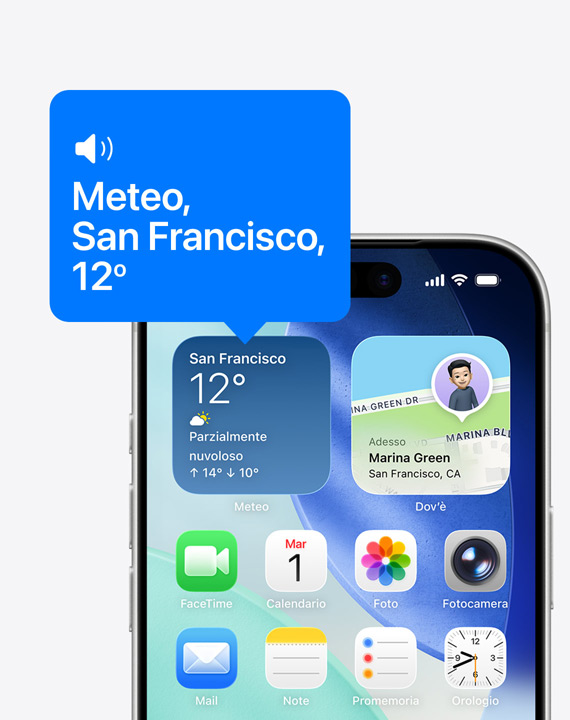 Schermata home dell’iPhone, icona del widget meteo, fumetto con il testo letto ad alta voce da VoiceOver
