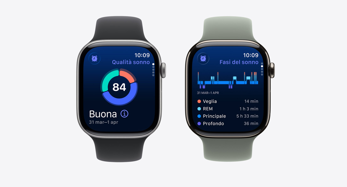 Due Apple Watch Series 11, uno mostra il parametro Qualità del sonno, l’altro una notifica di possibile apnea notturna