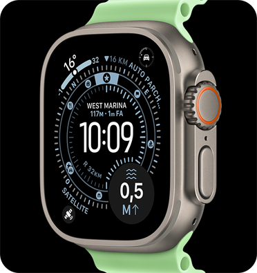 Apple Watch Ultra 3 con cassa in titanio color argento e cinturino Loop verde.