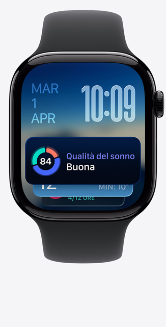 Apple Watch Series 11, aluminum case, polished jet black color, Smart Stack, sleep score alert, right side, Digital Crown, black Sport Band