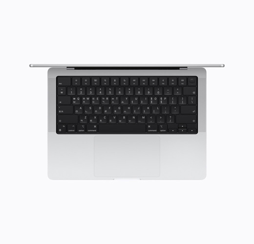 실버 색상, 열려 있는 MacBook, 상단부 모습