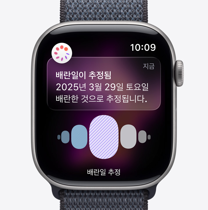 건강 앱의 생리 주기 추적 기능을 통한 배란일 추정 알림, Digital Crown이 보이는 스페이스 그레이 색상 알루미늄 케이스의 Apple Watch Series 11, 그리고 다크 그레이 색상 스포츠 루프