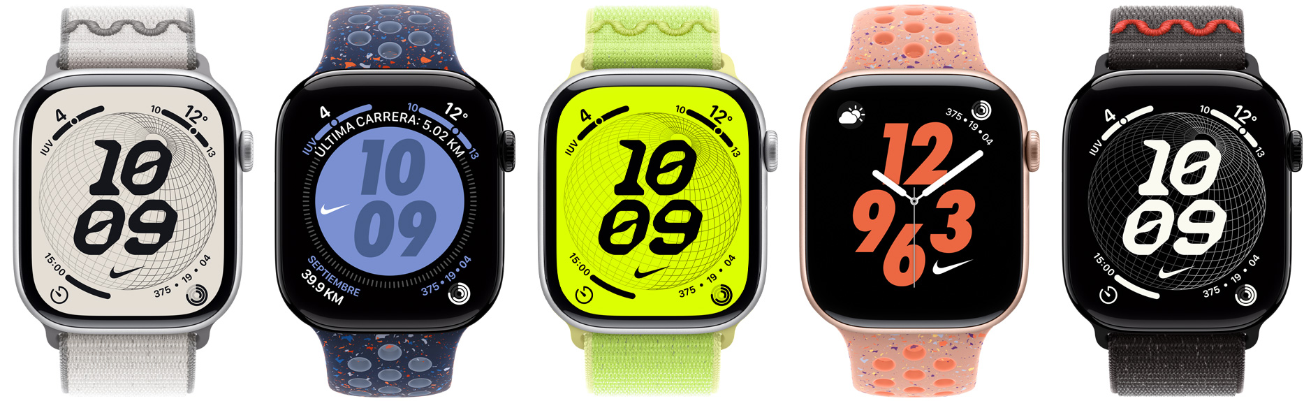Cinco dispositivos Apple Watch con correas deportivas Nike y correas loop deportivas Nike, con carátulas Nike configuradas en distintos colores