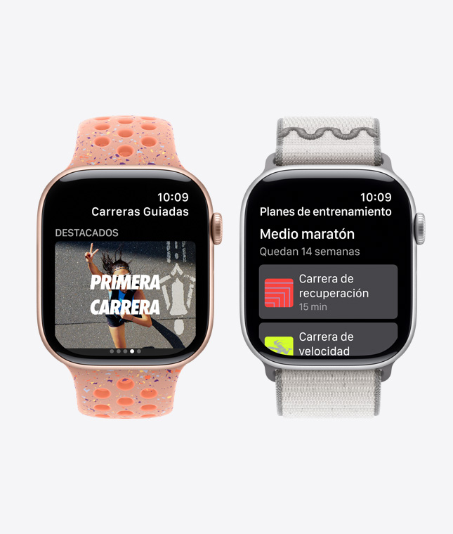 Dos dispositivos Apple Watch muestran funcionalidades de Nike Run Club: planes de entrenamiento y una ruta de la carrera.