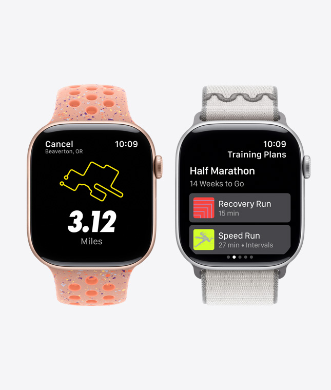 Two Apple Watch devices showing Nike Run Club features including Training Plans and Running Route.