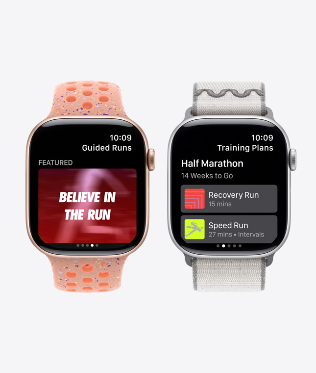 兩款 Apple Watch 裝置展示 Nike Run Club 功能，包括訓練計劃及跑步指導
