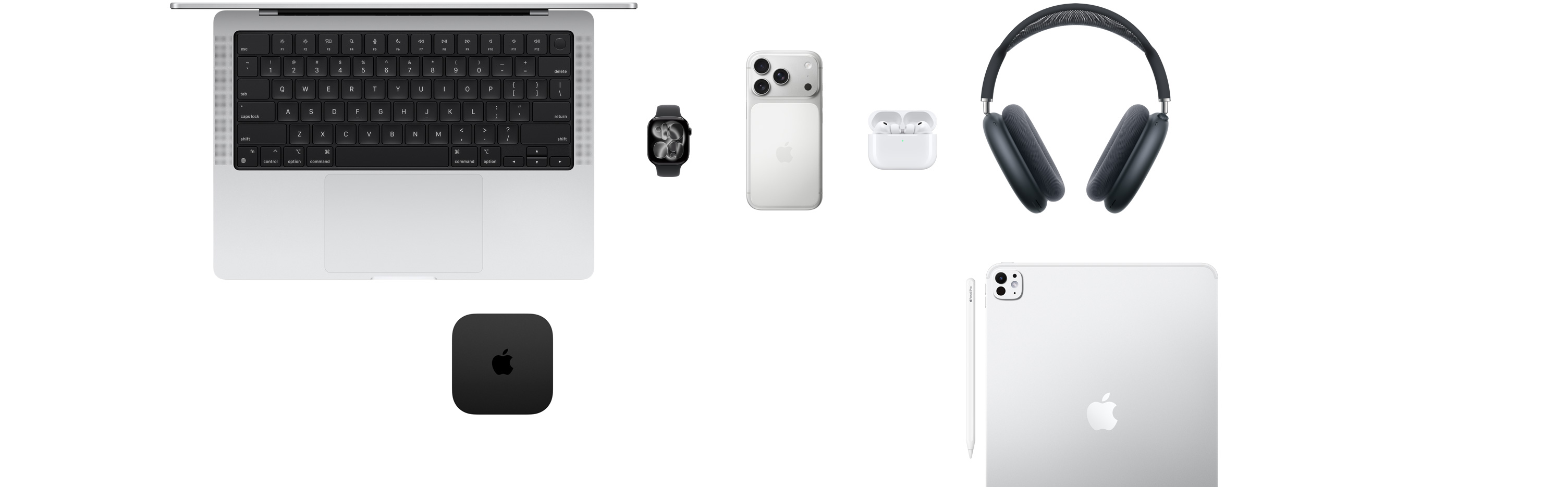 多款 Apple 產品展現眼前，包括 MacBook、Apple Watch Series 10、iPhone 16 Pro、AirPods 4、AirPods Max、Apple TV、Apple Pencil Pro 和 iPad Pro
