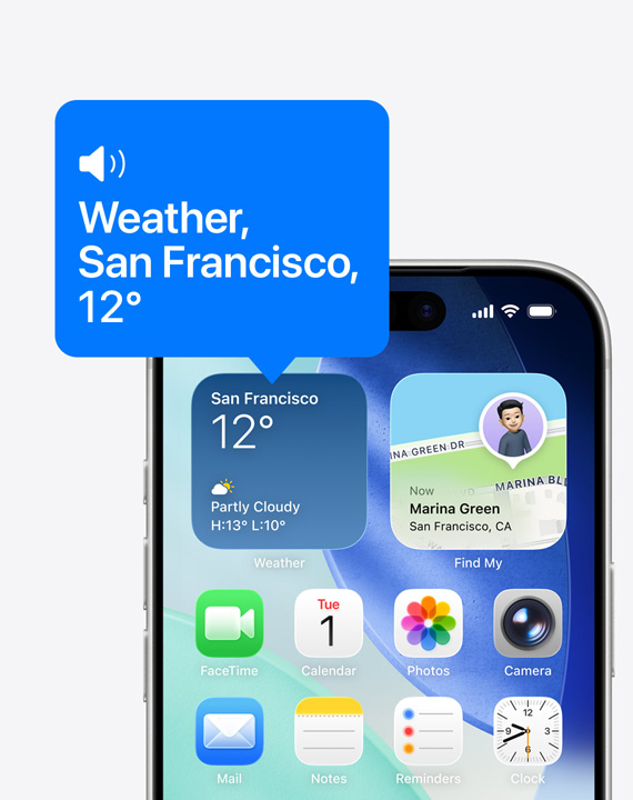 iPhone 主畫面，圖像展示旁白功能正在朗讀天氣小工具的內容