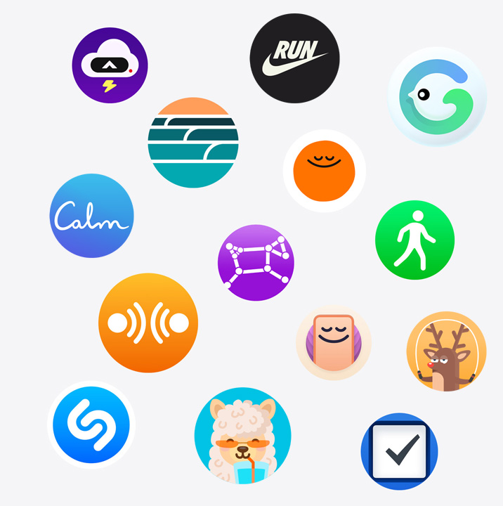 Apple Watch app 圖像，包括 Nike Run Club、Calm、Waterllama 等