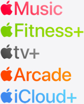Íconos de las apps Apple Music, Apple TV, Apple Arcade, Apple Fitness+ y iCloud