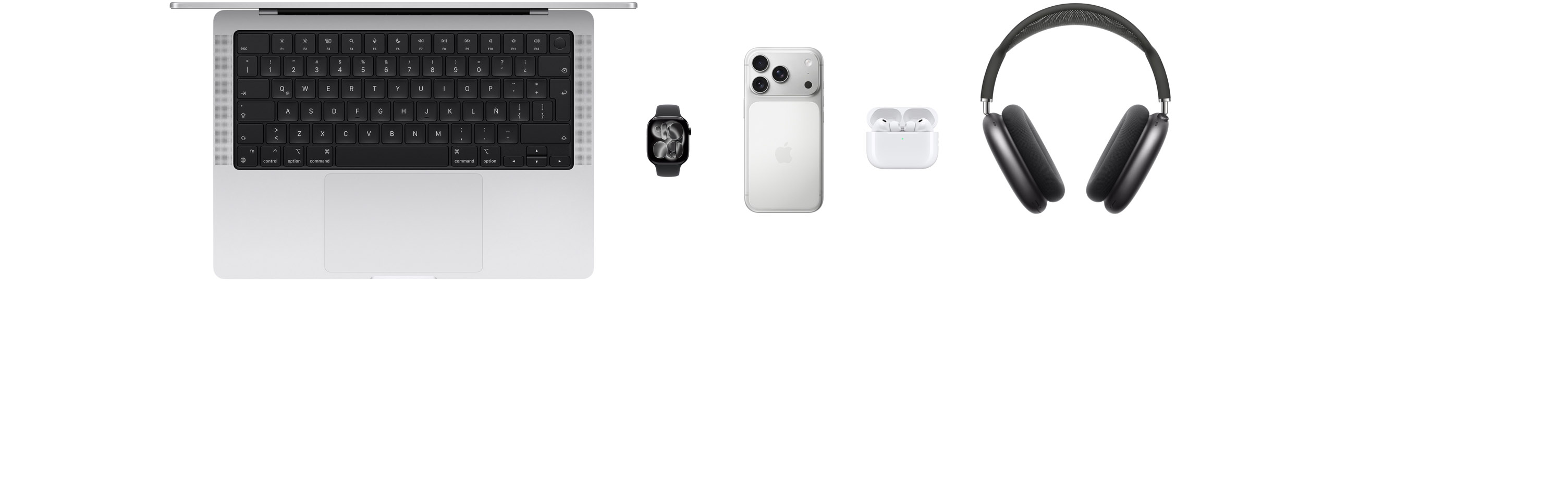 Varios productos Apple, como una MacBook, un Apple Watch Series 10, un iPhone 16 Pro, unos AirPods 4 y AirPods Max